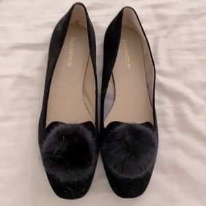 NEW Enzo Angiolini Blk Suede/Fur Pom Pom Flats 10